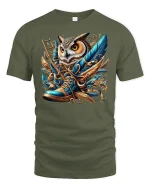 Wise Owl in Boots Golden Feathers Fantasy Art T-Shirt - military green t-shirt on white background
