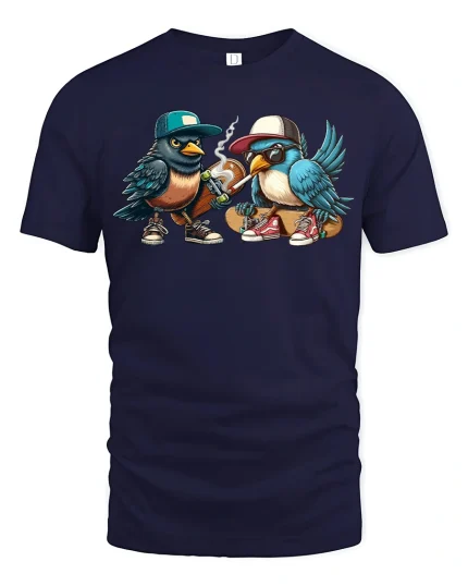 Cool Street Birds Hip Hop Style Funny Graphic T-Shirt - navy t-shirt on white background
