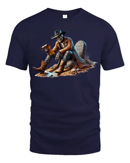 Skeleton Cowboy Lost Hat Western Desert Spirit T-Shirt - navy t-shirt on white background