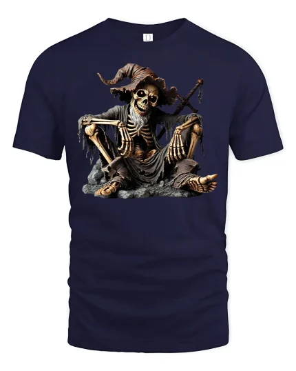 Skeleton Wizard Resting On Rocks Dark Magic Graphic Tee - navy t-shirt on white background