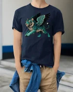 Flying Tiger Spirit Mythical Power Fantasy Art T-Shirt - model wearing navy tee with hands in pockets
