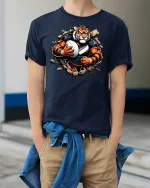 Fierce Tiger Football Player Breakthrough Power T-Shirt - model wearing navy tee with hands in pockets