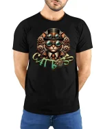 Steampunk Cat Boss Cool Cat Lover Vintage Style T-Shirt - model wearing black tee with hands behind back