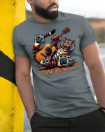 Funny Guitar Tiger Rocking Music Animal Lover T-Shirt - model wearing grey tee, leaning on column