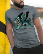 Flying Tiger Spirit Mythical Power Fantasy Art T-Shirt - model wearing grey tee, leaning on column