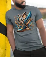 Wise Owl in Boots Golden Feathers Fantasy Art T-Shirt - model wearing grey tee, leaning on column