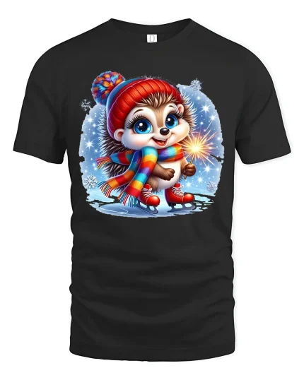 Winter Sparkle Hedgehog Ice Skating Christmas Tee - black t-shirt on white background