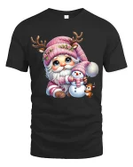 Cute Pink Christmas Gnome Snowman Friends Holiday Graphic Tee - black t-shirt on white background