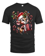 Cute Musical Reindeer Christmas Tee with Festive Accordion - black t-shirt on white background