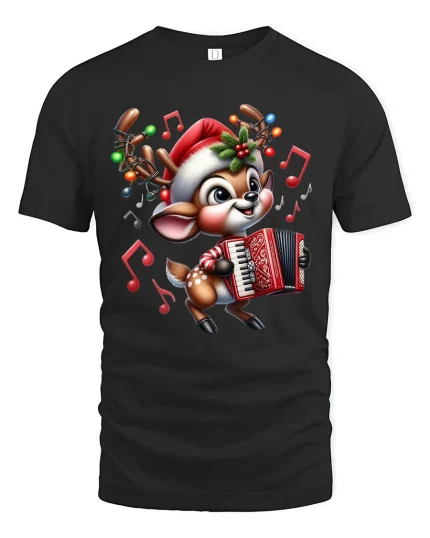 Cute Musical Reindeer Christmas Tee with Festive Accordion - black t-shirt on white background