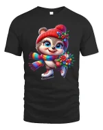 Cute Winter Skater Critter Tee with Flowers and Colorful Scarf - black t-shirt on white background