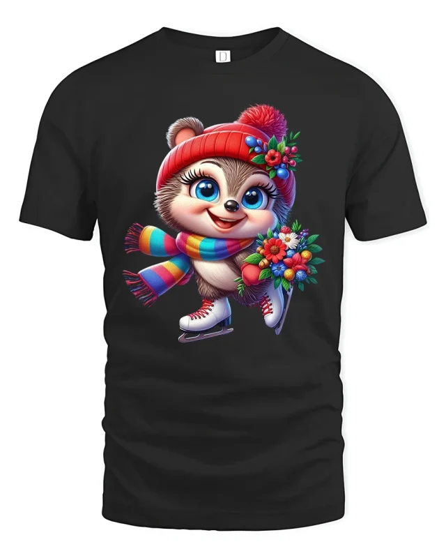 Cute Winter Skater Critter Tee with Flowers and Colorful Scarf - black t-shirt on white background