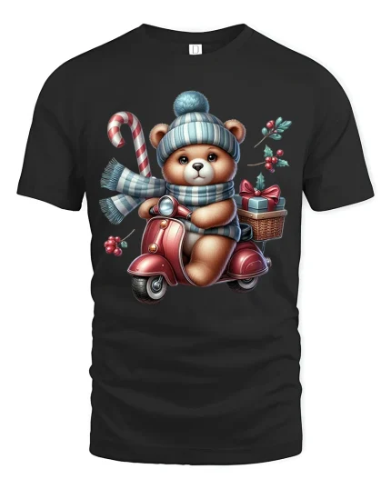Christmas Teddy Scooter Ride Tee with Candy Cane and Gifts - black t-shirt on white background