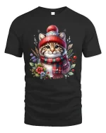 Cozy Winter Kitty Christmas Tee with Scarf and Beanie - black t-shirt on white background