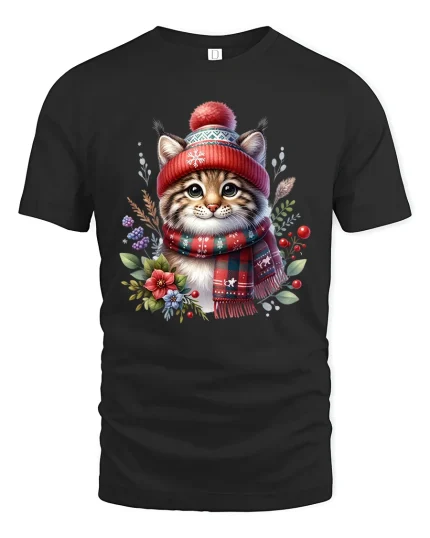 Cozy Winter Kitty Christmas Tee with Scarf and Beanie - black t-shirt on white background