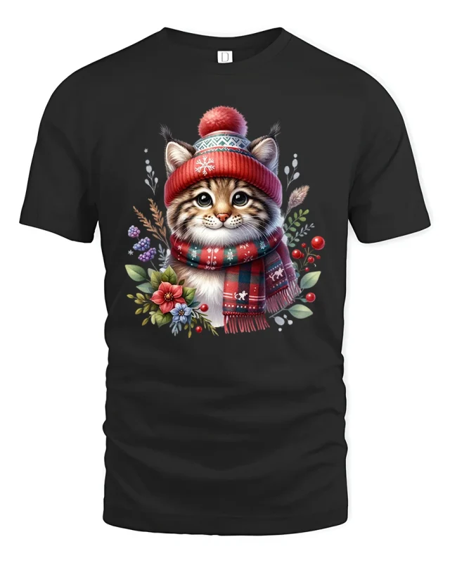 Cozy Winter Kitty Christmas Tee with Scarf and Beanie - black t-shirt on white background