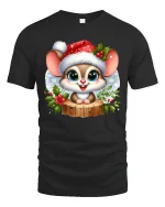 Cute Christmas Mouse Tee with Santa Hat and Winter Flowers - black t-shirt on white background