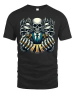VIP Skull Power Tee with Epic Skeleton Suit Art - black t-shirt on white background