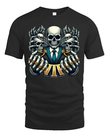 VIP Skull Power Tee with Epic Skeleton Suit Art - black t-shirt on white background