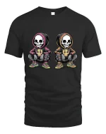 Urban Skeleton Duo Streetwear Tee with Cool Hoodie Art - black t-shirt on white background