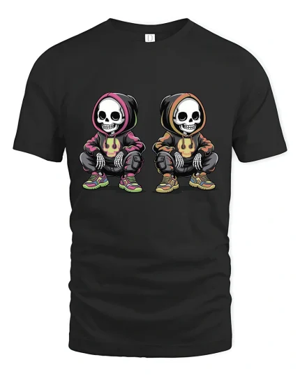 Urban Skeleton Duo Streetwear Tee with Cool Hoodie Art - black t-shirt on white background
