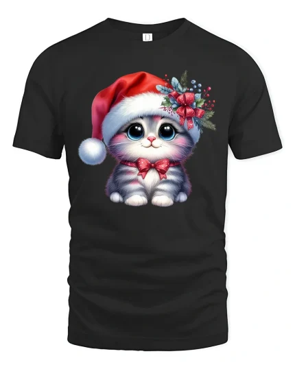Cute Christmas Kitty Santa Hat Bow Holiday Tee - black t-shirt on white background