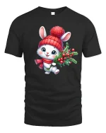 Cute Christmas Bunny Tee with Holiday Berries and Cozy Hat - black t-shirt on white background