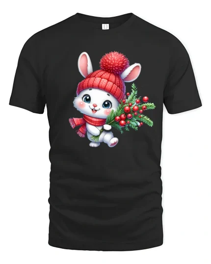 Cute Christmas Bunny Tee with Holiday Berries and Cozy Hat - black t-shirt on white background