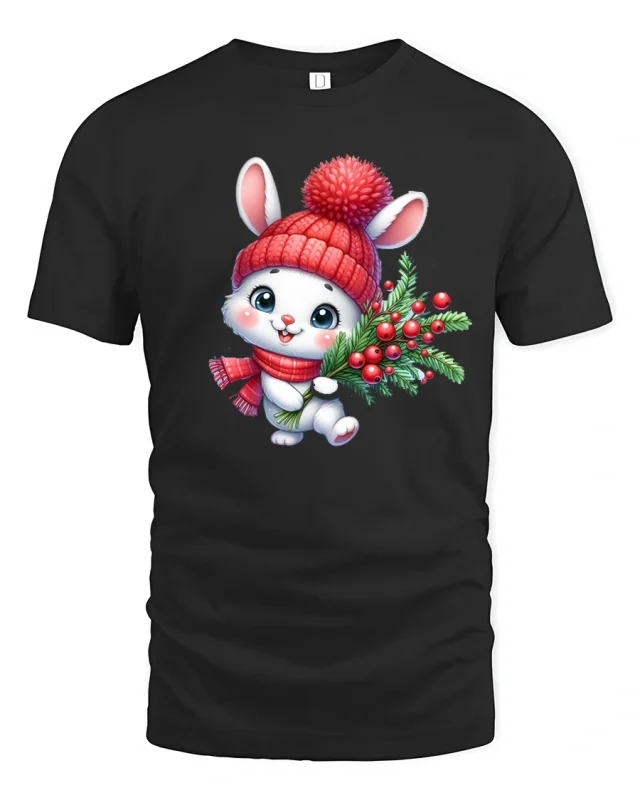 Cute Christmas Bunny Tee with Holiday Berries and Cozy Hat - black t-shirt on white background