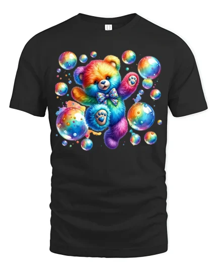 Rainbow Bubble Teddy Bear Tee Cute Colorful Cartoon Tshirt - black t-shirt on white background