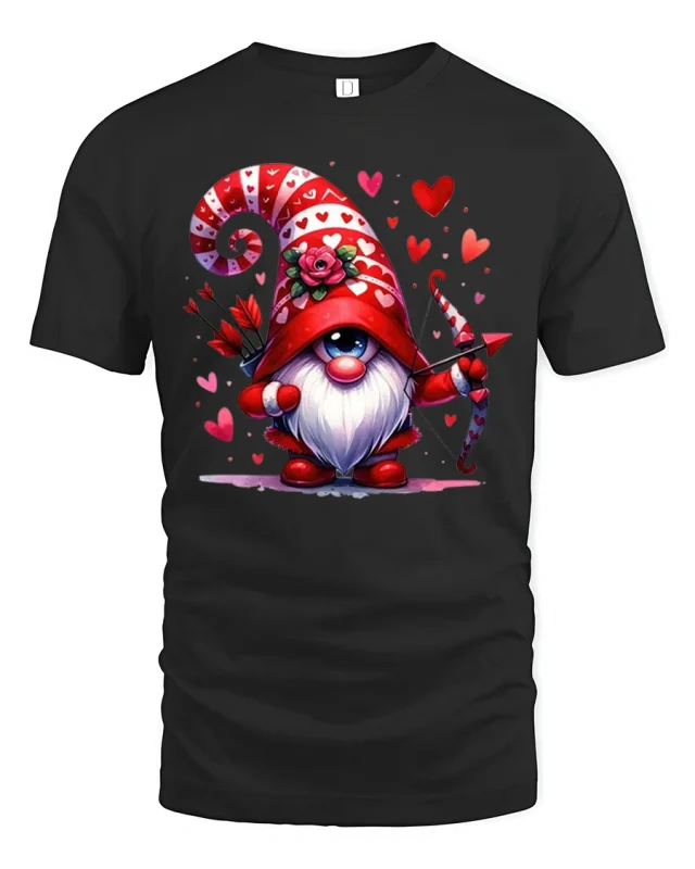 Valentine Cupid Gnome Tee Cute Heart Archer Tshirt - black t-shirt on white background