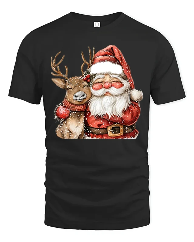 Santa and Reindeer Hug Tee Cute Christmas Friends Tshirt - black t-shirt on white background