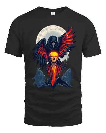 Flaming Raven Skull Spirit Tee for Dark Fantasy Fans - black t-shirt on white background