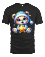 Cute Pajama Bear Holding Star Cozy Nighttime Graphic Tee - black t-shirt on white background