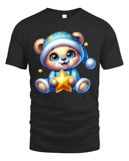 Cute Pajama Bear Holding Star Cozy Nighttime Graphic Tee - black t-shirt on white background