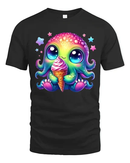 Kawaii Rainbow Octopus Ice Cream Cute Summer Graphic Tee - black t-shirt on white background