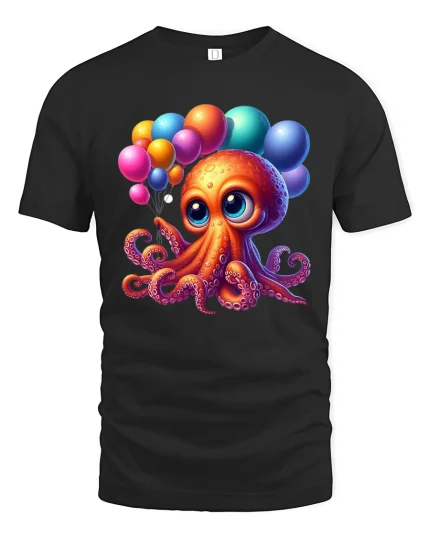 Cute Balloon Party Octopus Kawaii Happy Celebration Tee - black t-shirt on white background