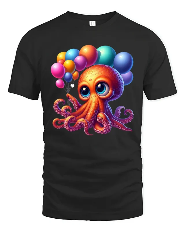 Cute Balloon Party Octopus Kawaii Happy Celebration Tee - black t-shirt on white background