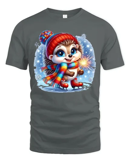 Winter Sparkle Hedgehog Ice Skating Christmas Tee - gray t-shirt on white background