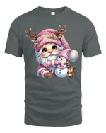 Cute Pink Christmas Gnome Snowman Friends Holiday Graphic Tee - gray t-shirt on white background