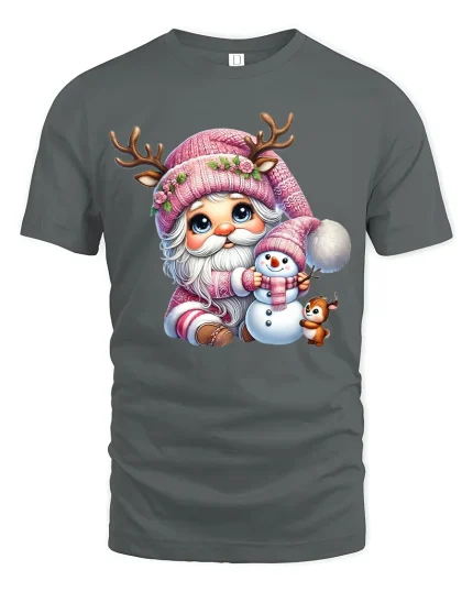 Cute Pink Christmas Gnome Snowman Friends Holiday Graphic Tee - gray t-shirt on white background