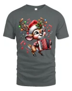 Cute Musical Reindeer Christmas Tee with Festive Accordion - gray t-shirt on white background