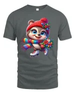 Cute Winter Skater Critter Tee with Flowers and Colorful Scarf - gray t-shirt on white background