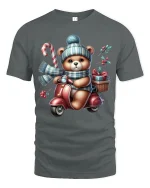 Christmas Teddy Scooter Ride Tee with Candy Cane and Gifts - gray t-shirt on white background