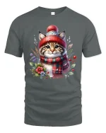 Cozy Winter Kitty Christmas Tee with Scarf and Beanie - gray t-shirt on white background