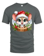 Cute Christmas Mouse Tee with Santa Hat and Winter Flowers - gray t-shirt on white background