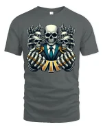 VIP Skull Power Tee with Epic Skeleton Suit Art - gray t-shirt on white background