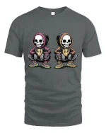 Urban Skeleton Duo Streetwear Tee with Cool Hoodie Art - gray t-shirt on white background