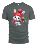 Cute Christmas Bunny Tee with Holiday Berries and Cozy Hat - gray t-shirt on white background
