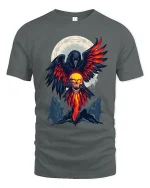 Flaming Raven Skull Spirit Tee for Dark Fantasy Fans - gray t-shirt on white background